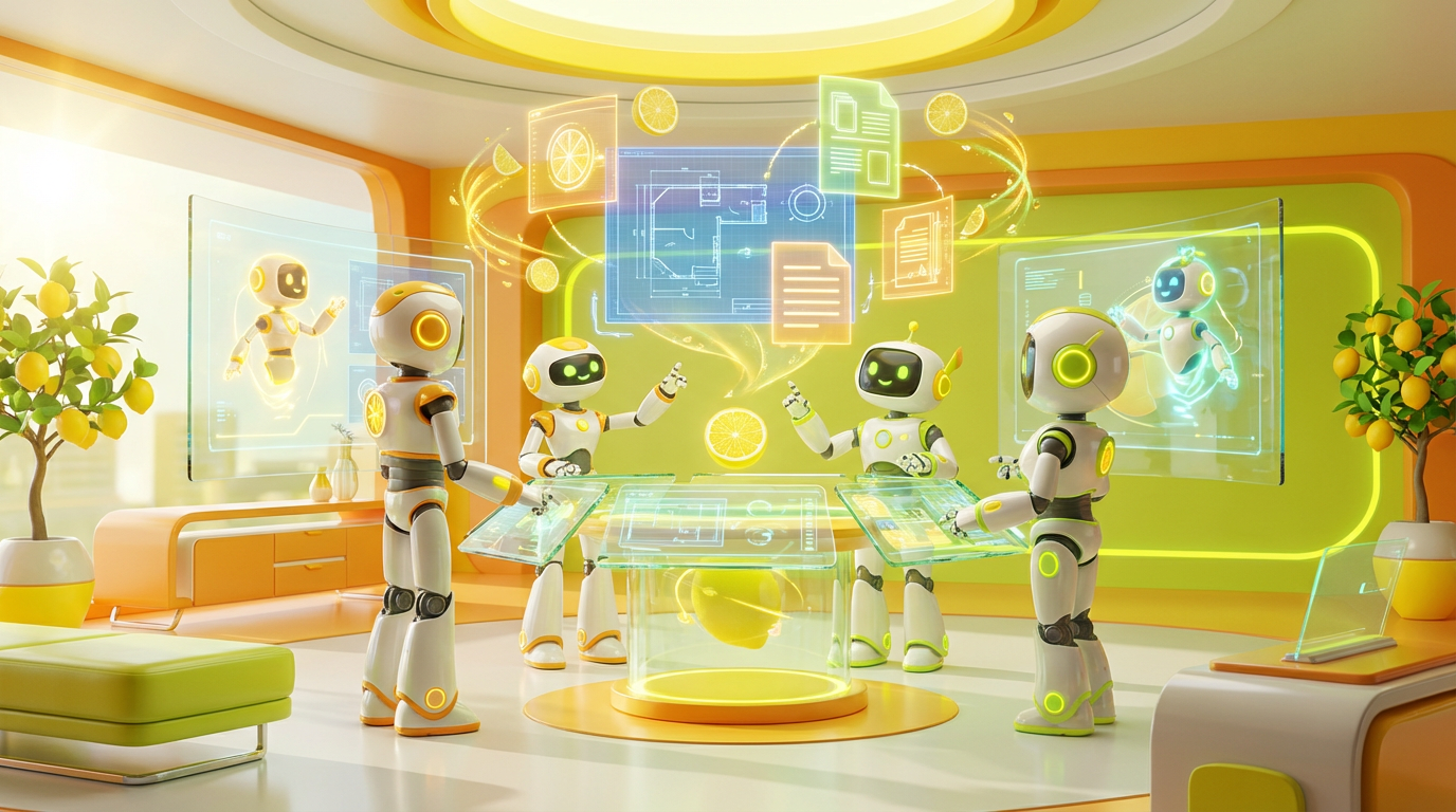 Team of friendly AI robots collaborating in a bright, modern tech space with citrus accents, showing how SOPs are transformed into helpful AI assistants.