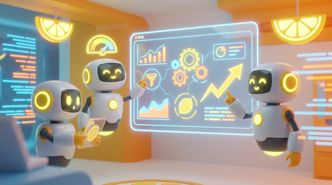 Vibrant 3D rendering of collaborative AI robots in a modern office for the blog post Limit AI Agents Volume to Boost Efficiency.