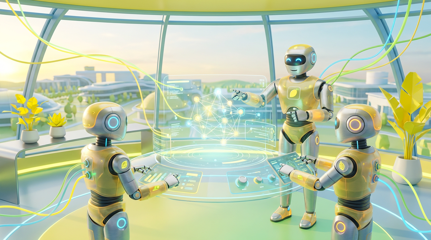 Multi-model agents depicted as friendly AI robots collaborating in a vibrant 3D tech room, analysing data with motion and citrus tones, symbolising innovation and regulated compliance