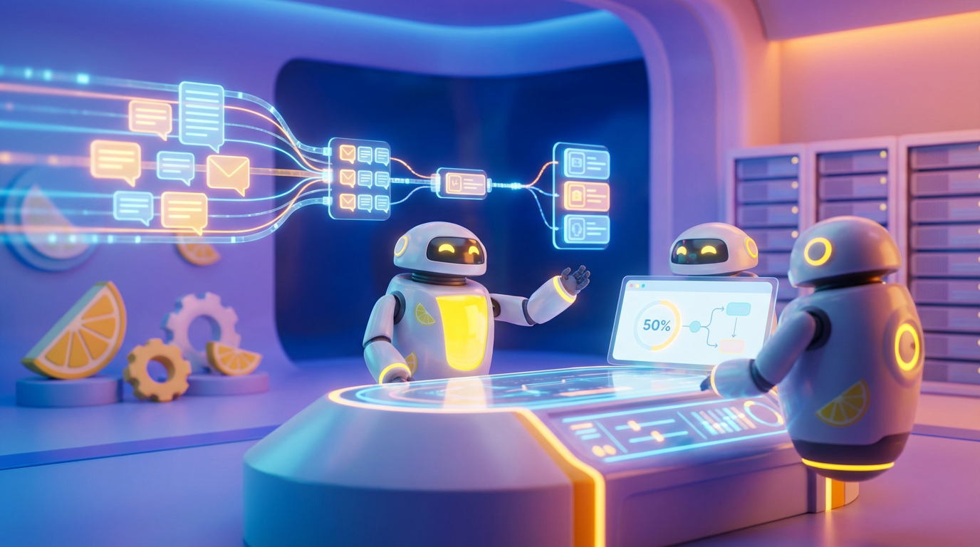 Team of friendly AI robots collaborating in a bright, modern tech space with citrus accents, showing how AI tools reduce team Slack messages and improve focus.