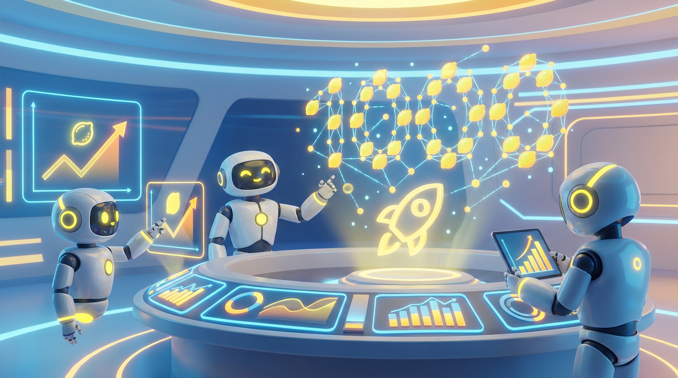 Team of friendly AI robots collaborating in a bright, modern tech space with citrus accents, showing how organisations scale AI agents from one to thousands successfully.