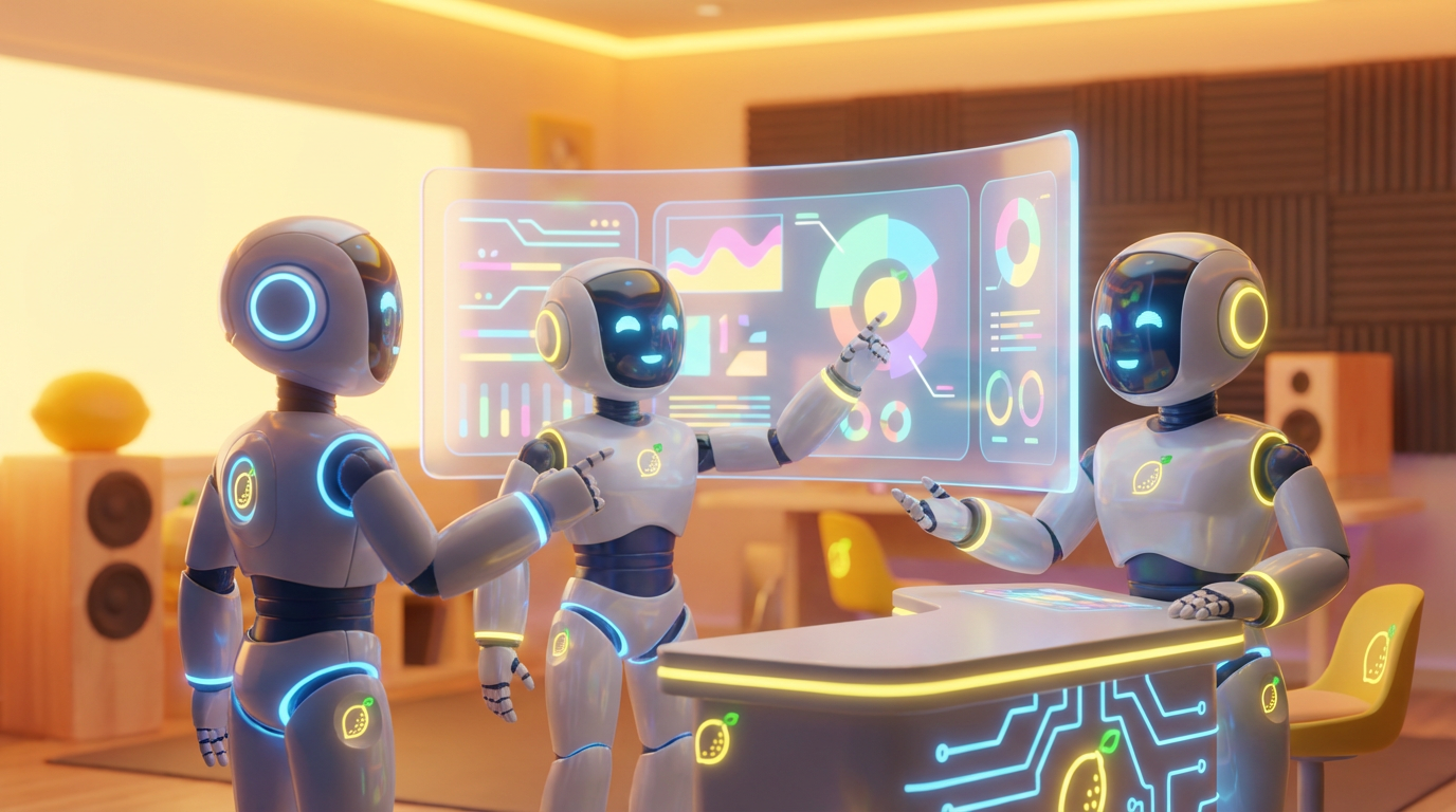 Team of friendly AI robots collaborating in a bright, modern tech space with citrus accents, highlighting an AI teammate supporting creativity and teamwork.