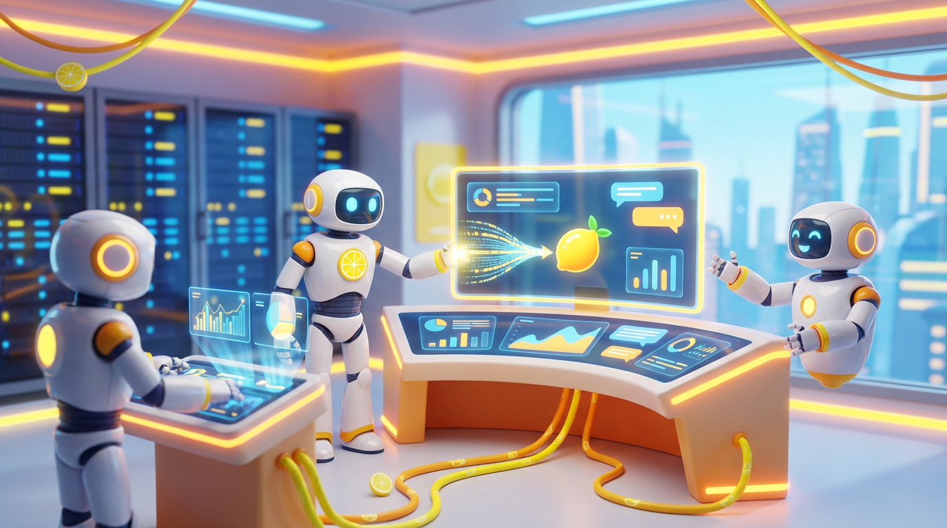 Team of friendly AI robots collaborating in a bright, modern tech space with citrus accents, illustrating how an internal Slack summarizer streamlined communication and focus.