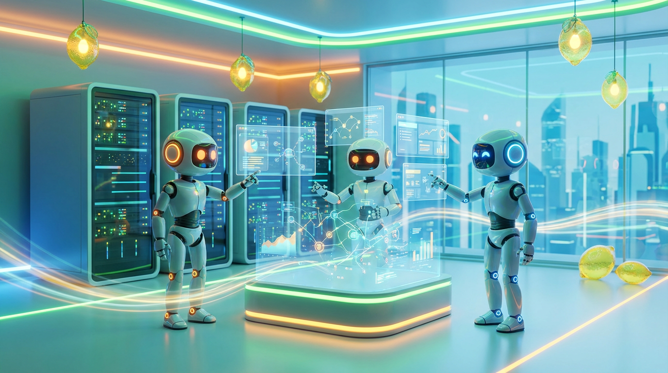 Friendly AI robots collaborate in a vibrant 3D tech room, connecting AI agents with enterprise business systems through analytics, motion, and citrus-toned innovation.