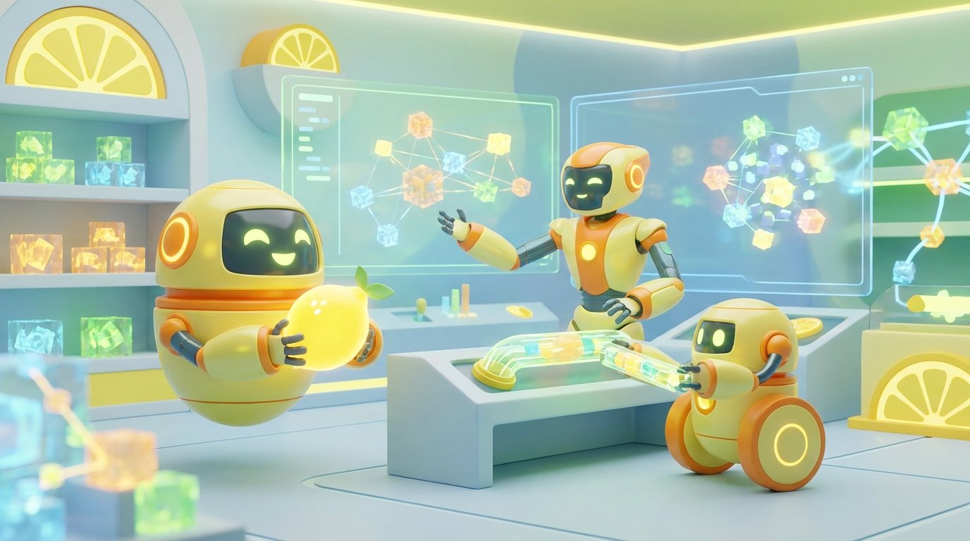 Using ai agents depicted as friendly 3D robots collaborating in a bright tech room, analysing data to uncover hidden company knowledge with innovation and motion.