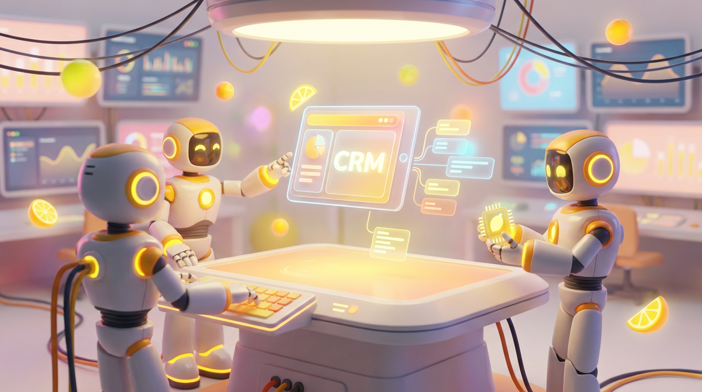 Team of friendly AI robots collaborating in a bright, modern tech space with citrus accents, showing how a CRM assistant was built quickly to manage customer data.