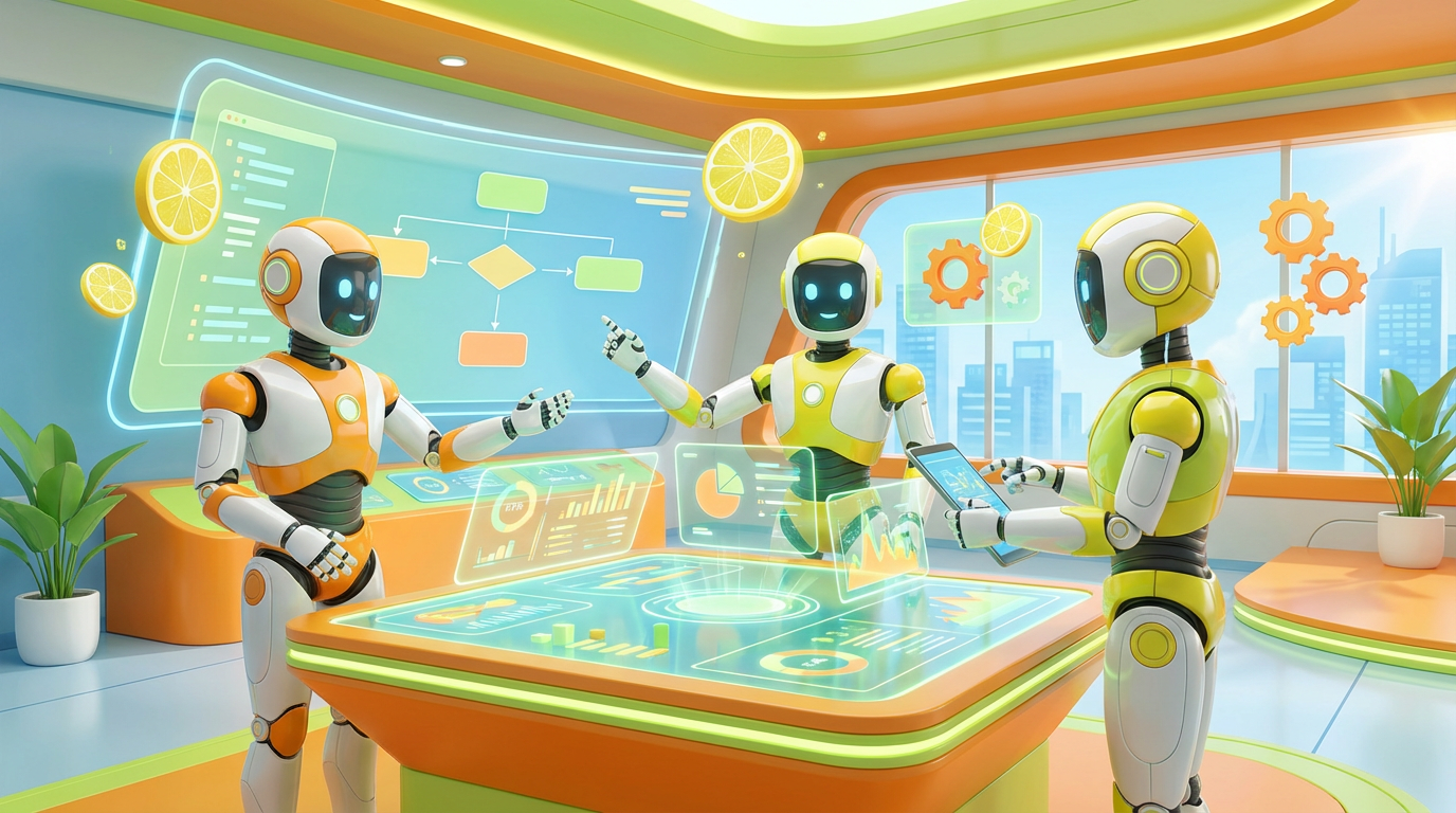 Team of friendly AI robots collaborating in a bright, modern tech space with citrus accents, showing what happens when AI trains new employees at scale.