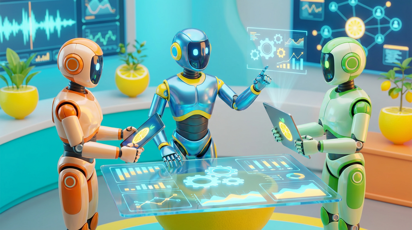 Team of friendly AI robots collaborating in a bright, modern tech space with citrus accents, visualising what leaders must know before building an AI agent.