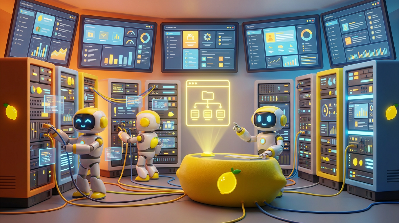 Team of friendly AI robots collaborating in a bright, modern tech space with citrus accents, illustrating how teams connect AI agents across many knowledge systems.
