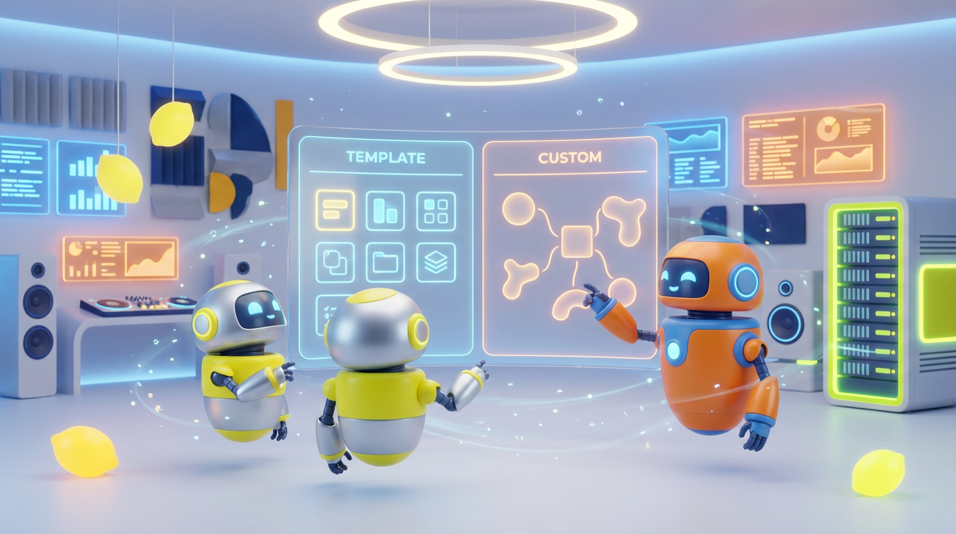 Team of friendly AI robots collaborating in a bright, modern tech space with citrus accents, comparing templates versus fully custom agents for team workflows.