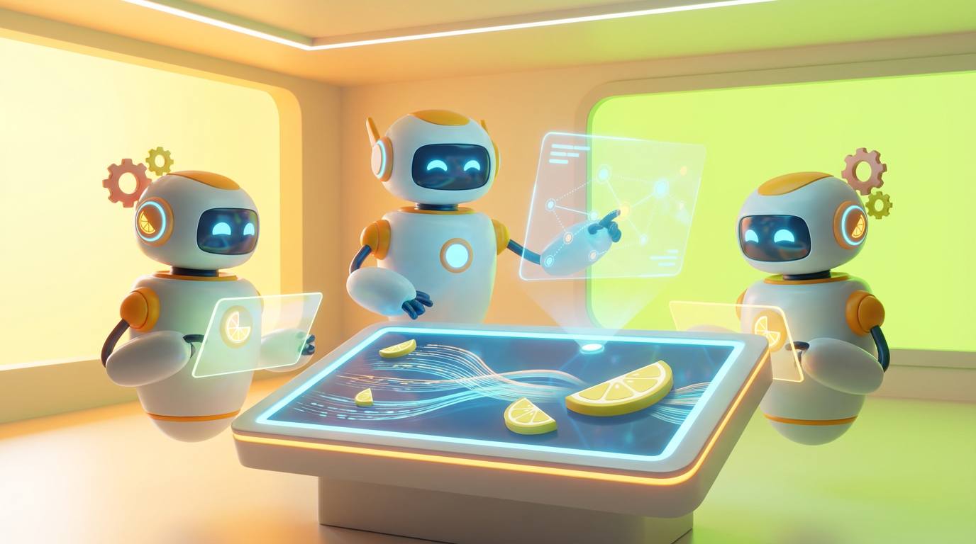 Team of friendly AI robots collaborating in a bright, modern tech space with citrus accents, showing why custom AI agents outperform traditional software products.