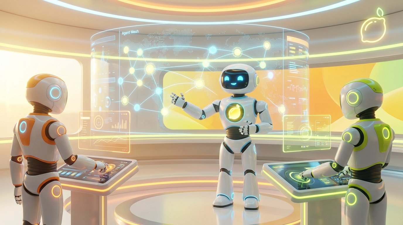 Team of friendly AI robots collaborating in a bright, modern tech space with citrus accents, visualising why enterprises are adopting agent mesh AI systems.