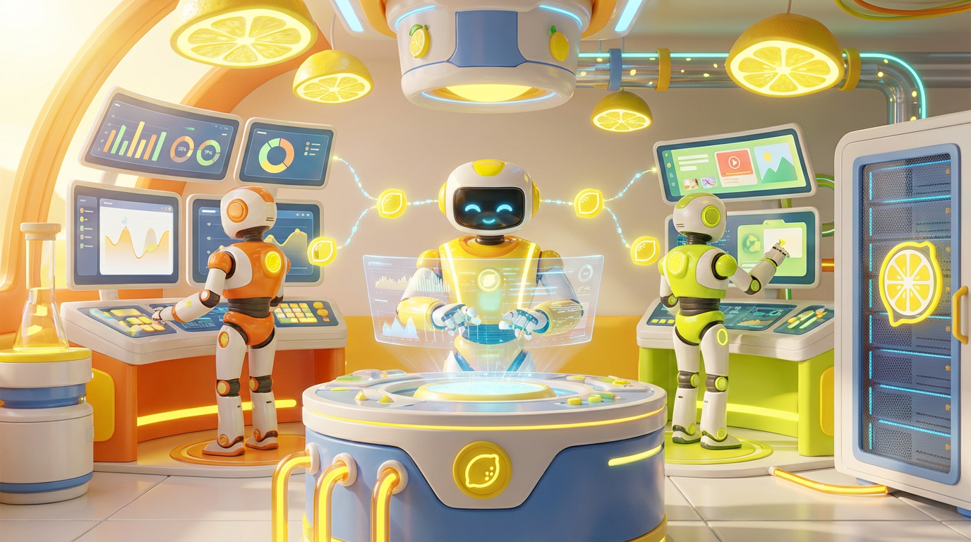 Team of friendly AI robots collaborating in a bright, modern tech space with citrus accents, illustrating why every department needs its own role‑based AI agent.
