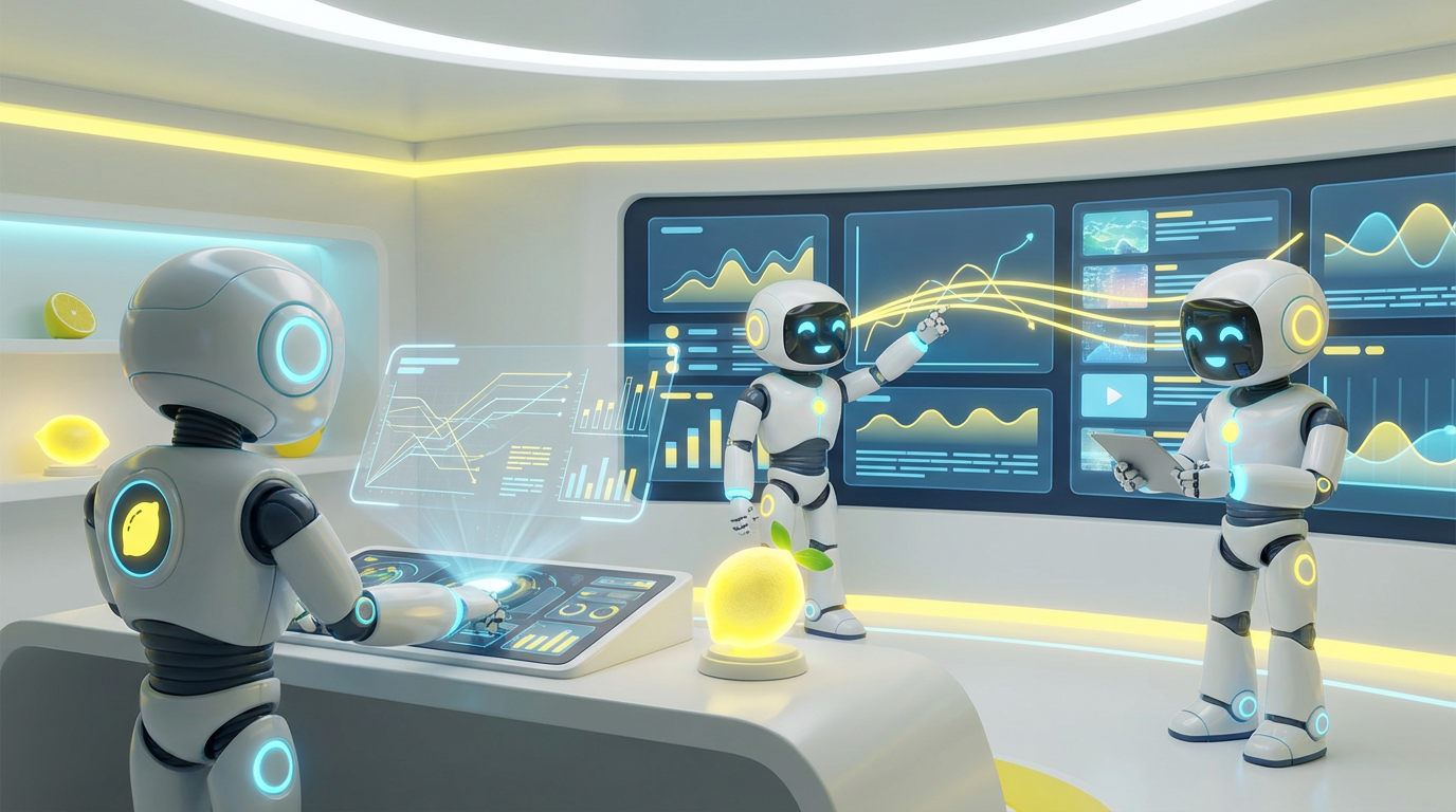 Team of friendly AI robots collaborating in a bright, modern tech space with citrus accents, illustrating how an internal AI editor supports marketing teams.