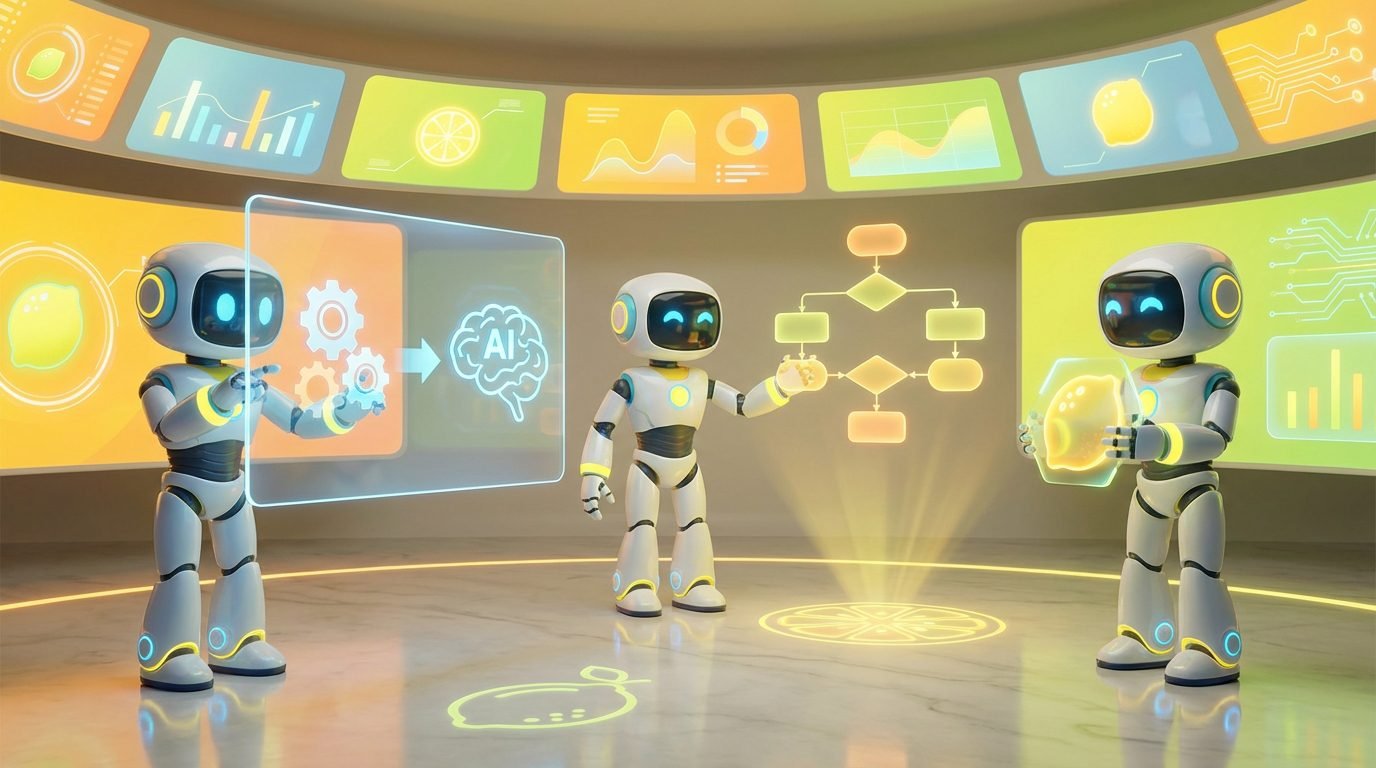 Vibrant 3D rendering of a collaborative team of AI robots in a modern office for Why Internal Tools Are Shifting From Apps to AI.