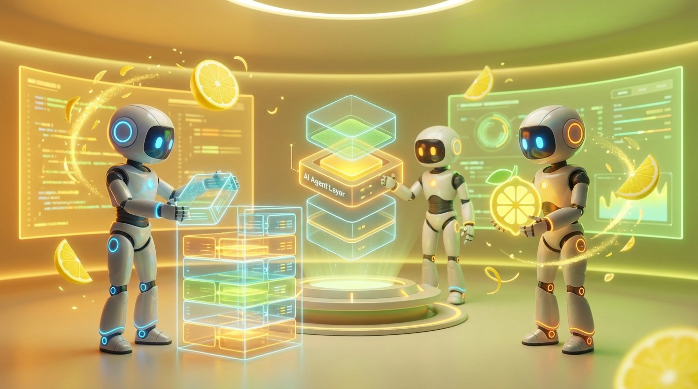 Team of friendly AI robots collaborating in a bright, modern tech space with citrus accents, showing why every tech stack needs an AI agent layer.
