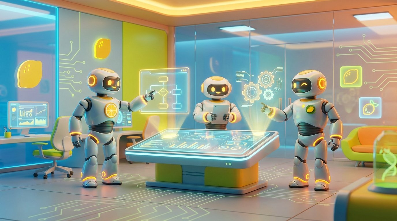 Friendly 3D robots in a modern citrus-themed room collaborate to illustrate the Beginner's Guide to Safe AI Autonomy.