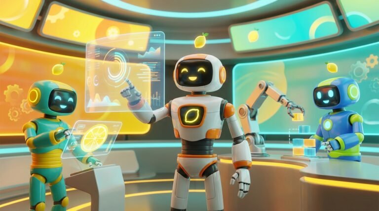 Simple Guide visualised as friendly 3D robots collaborating in a vibrant citrus-lit tech studio, demonstrating autonomous AI agents in motion.