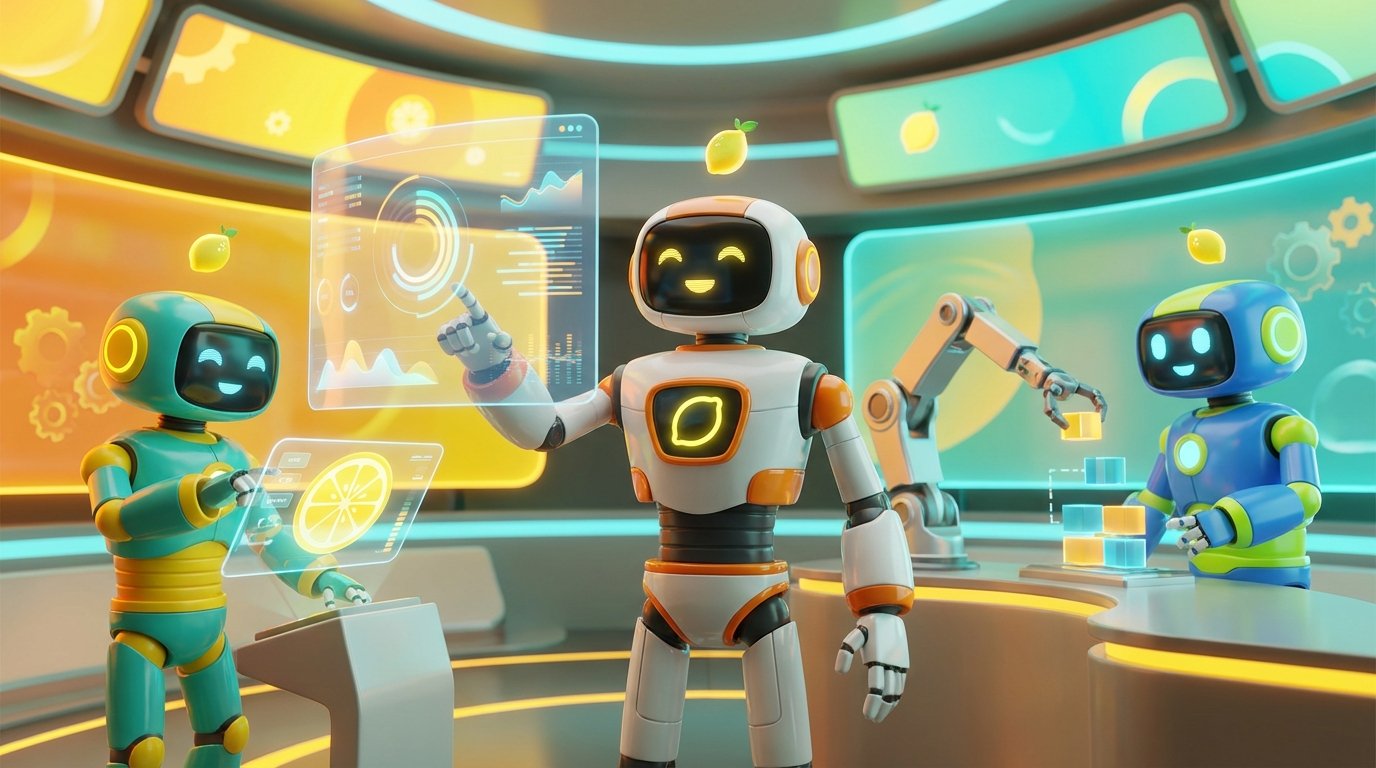 Simple Guide visualised as friendly 3D robots collaborating in a vibrant citrus-lit tech studio, demonstrating autonomous AI agents in motion.