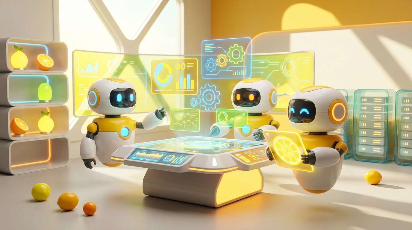 AI Skills highlighted through friendly 3D robots collaborating in a vibrant citrus-lit tech studio, driving innovation and future-ready teamwork.