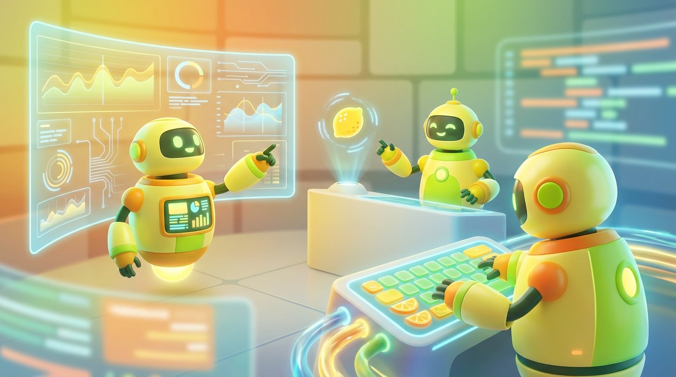 Analytical 3D bot team in a lemon-accented tech room studying AI Adoption for Common AI Adoption Mistakes That Kill Business ROI.