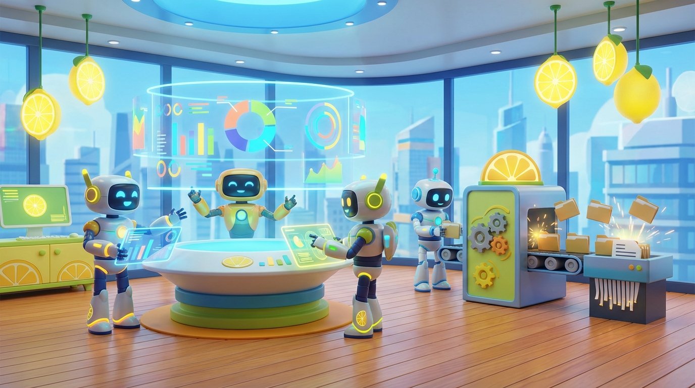 Team of friendly AI robots collaborating in a bright, modern tech space with citrus accents, demonstrating how to automate boring work and focus on what matters.