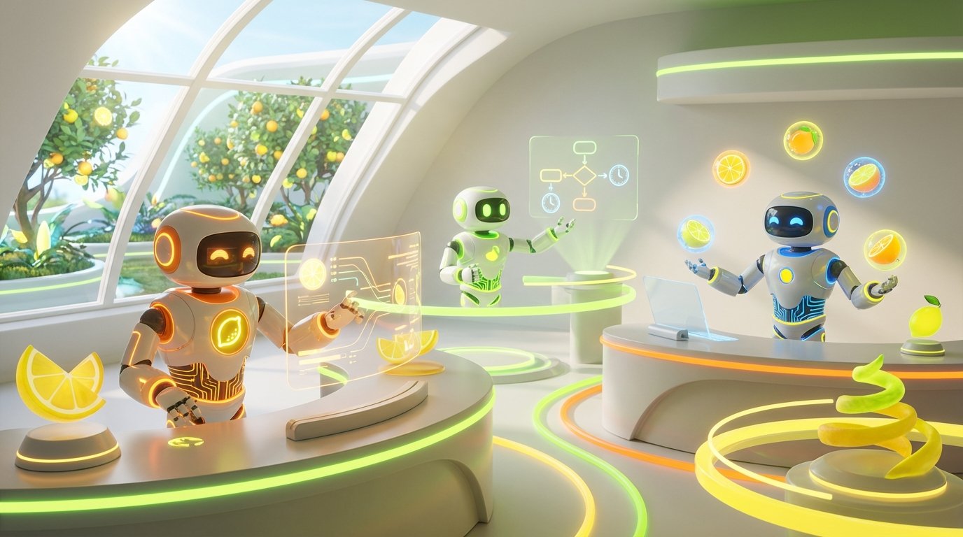How AI Helped Me illustrated by 3D robots collaborating in a vibrant citrus-lit tech studio, streamlining tasks with innovation, focus, and dynamic teamwork.