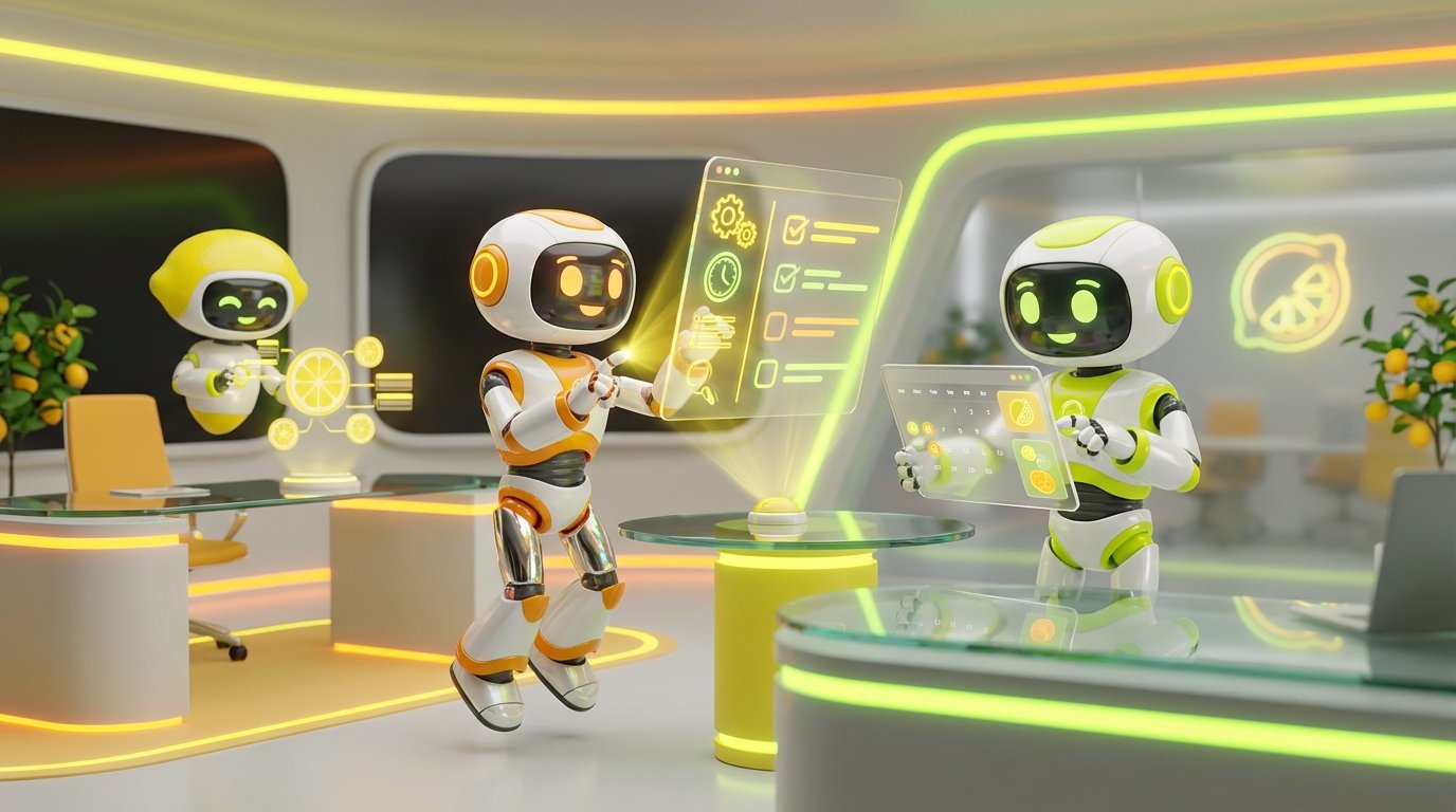 Energy-filled 3D robots in a lemon-accented office, illustrating how AI Assistant Help streamlines daily planning and workflow.