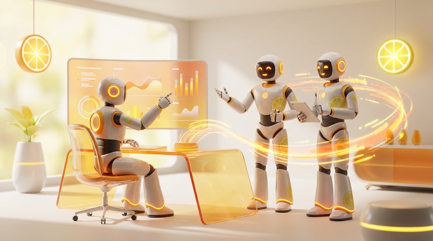 Vibrant 3D robots collaborating in a modern office, visualizing how One AI Agent becomes a business asset. Bright lemon accents highlight the innovation.