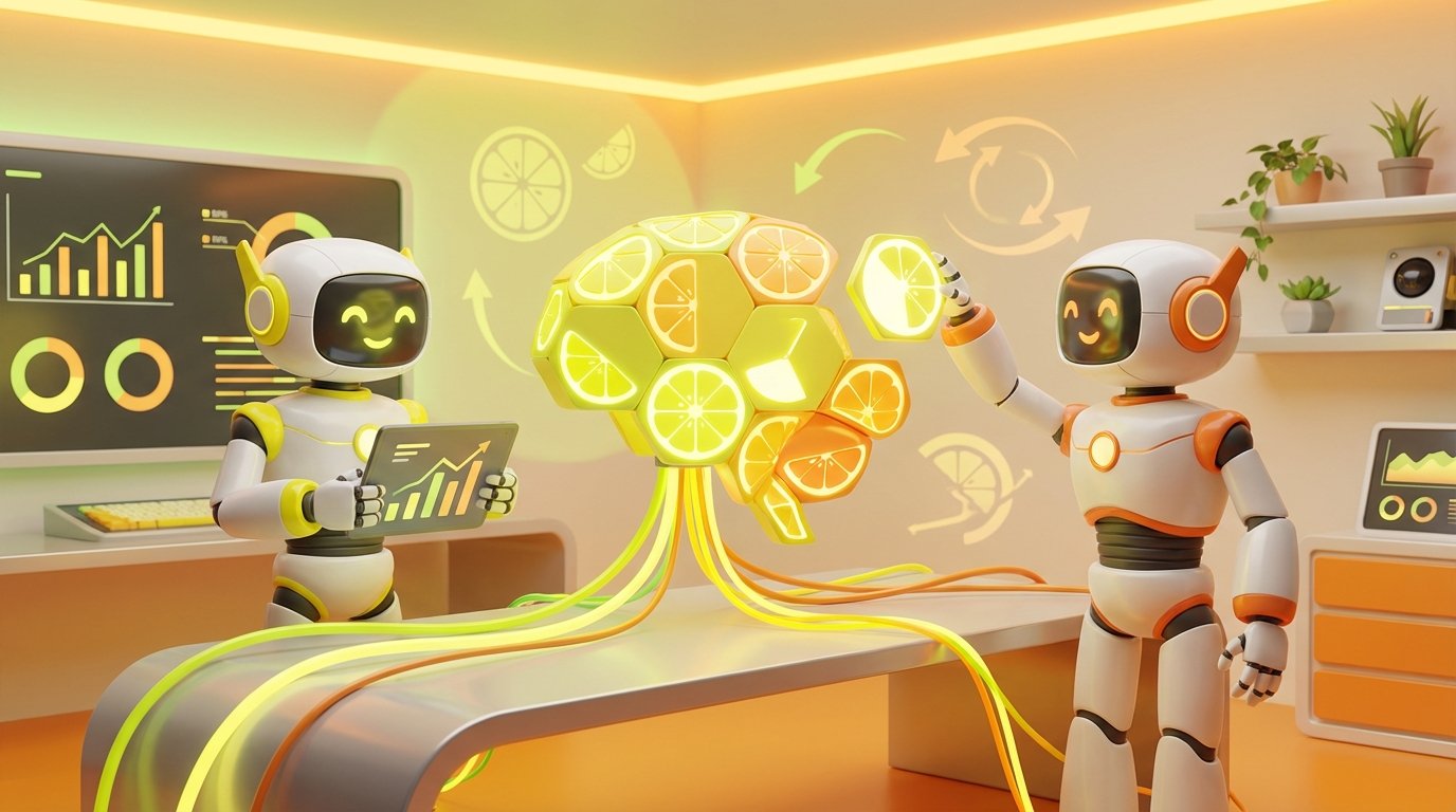 Team of friendly AI robots collaborating in a bright, modern tech space with citrus accents, showing how to build AI that grows alongside your business needs.