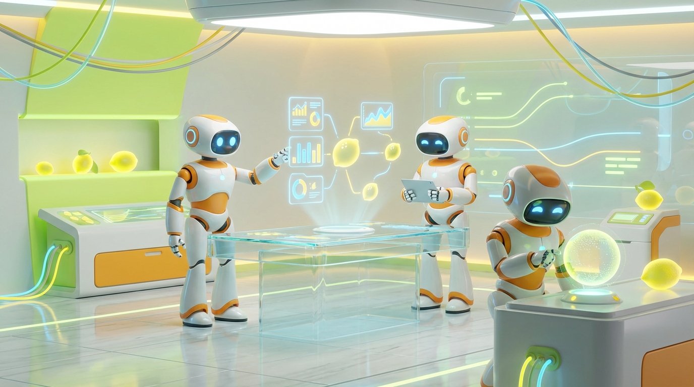 Friendly 3D robots in a bright citrus workspace, visualizing easy results using AI Without Learning Tech.