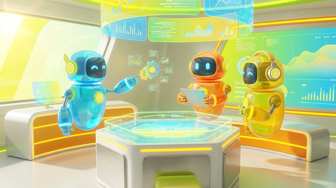Vibrant 3D robots working in a modern office with lemon accents, symbolizing the Future of Work powered by collaborative AI innovation.
