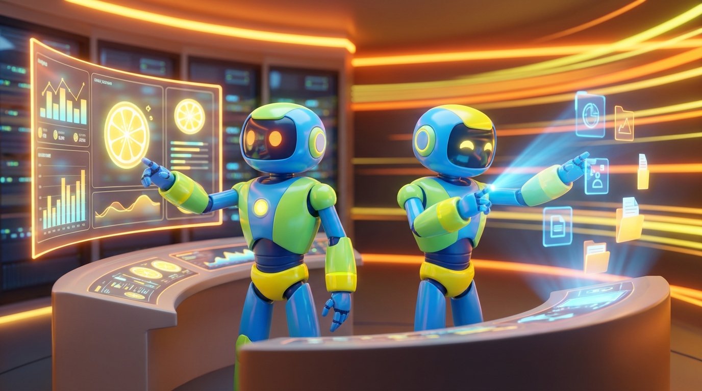 Friendly 3D AI bots handling tasks in a bright lemon lab for New to AI? Start by Delegating These 3 Tasks (Takes 10 Minutes).