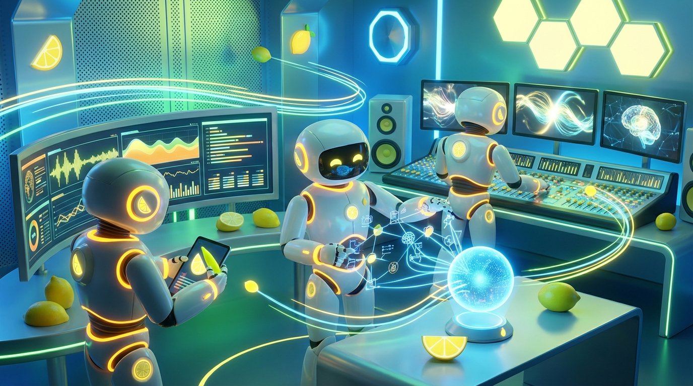 Friendly 3D robots collaborating in a vibrant citrus-themed room, visualizing a Reliable AI Agent turning knowledge into assets.