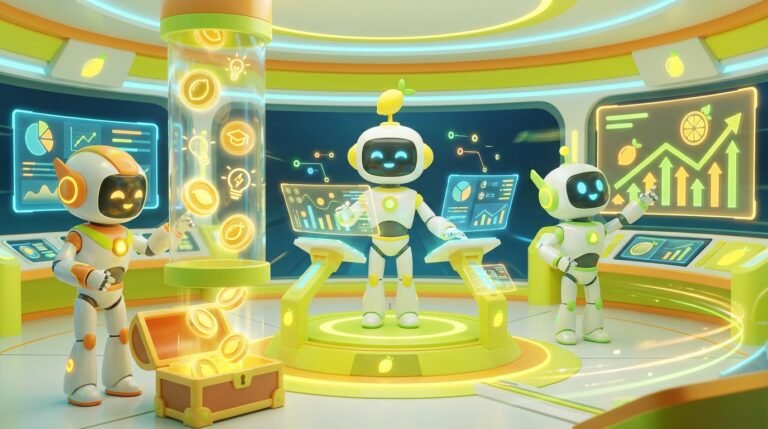 Smart AI Agents visualised as friendly 3D robots collaborating in a vibrant citrus-lit tech studio, transforming knowledge into innovative, value-driven systems.