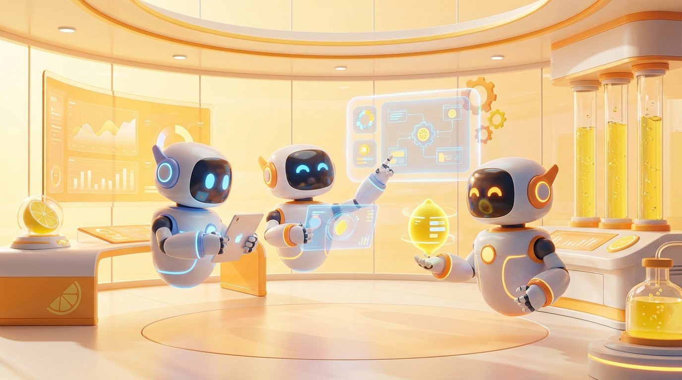 Best AI Tools illustrated by friendly 3D robots collaborating in a vibrant citrus-lit tech studio, automating workflows with innovation and dynamic teamwork.
