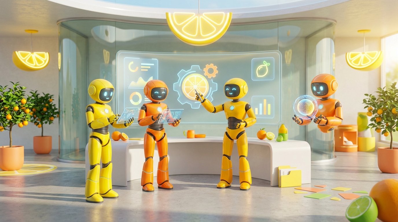 Best Thing About AI shown as friendly 3D robots collaborating in a vibrant citrus-lit tech hub, symbolising innovation and peace of mind.