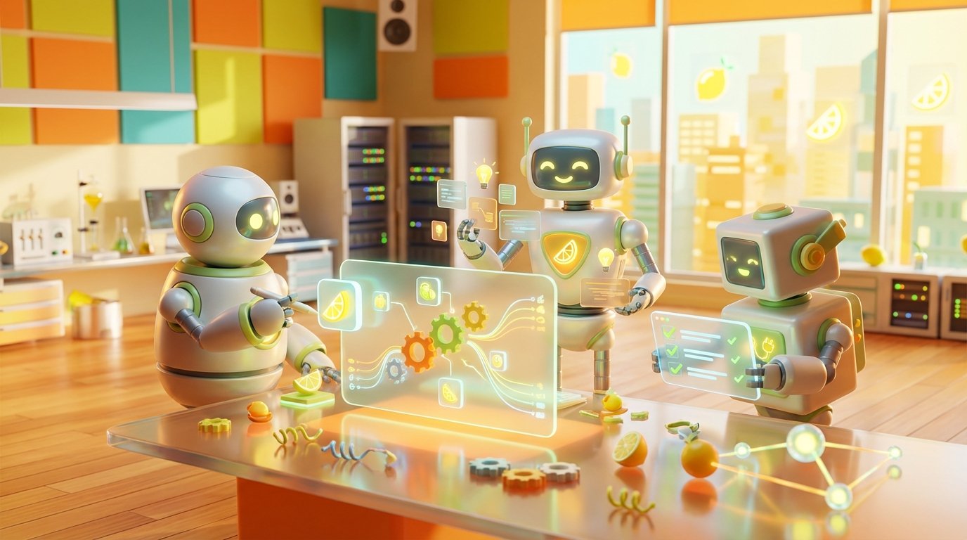 3D-rendered robots collaborating in a bright, citrus-accented tech space, illustrating how to create AI Tools Without Coding from simple explanations.