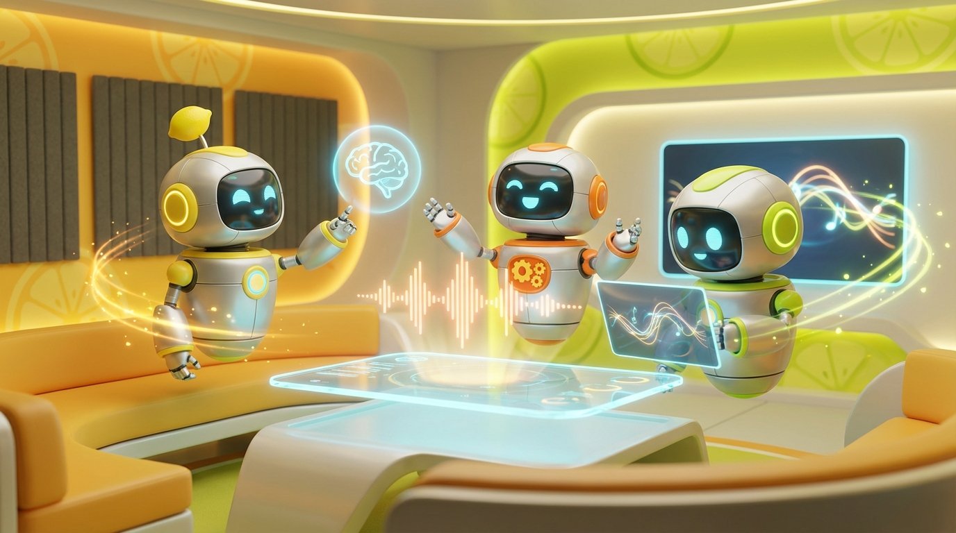Cheerful 3D robots in a citrus-themed office, visualizing the positive emotional Benefits of Using AI support.