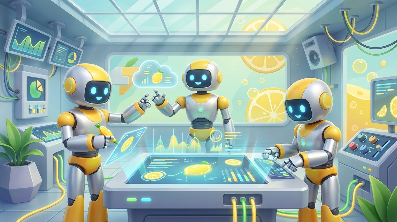 Selling AI Assistants depicted as friendly 3D robots collaborating in a vibrant citrus-lit tech studio, showcasing innovation, strategy, and dynamic teamwork.