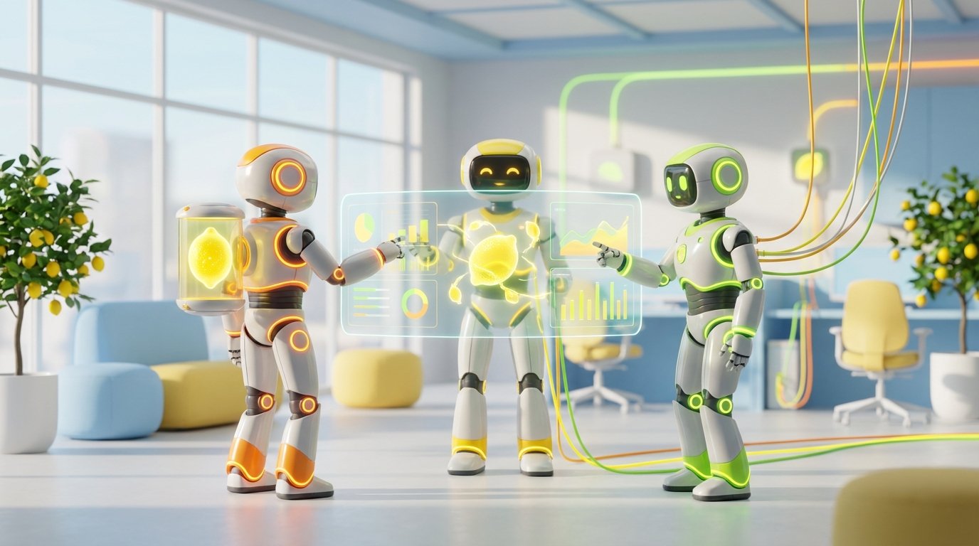 Team of friendly AI robots collaborating in a bright, modern tech space with citrus accents, illustrating when AI start working like a teammate within teams.