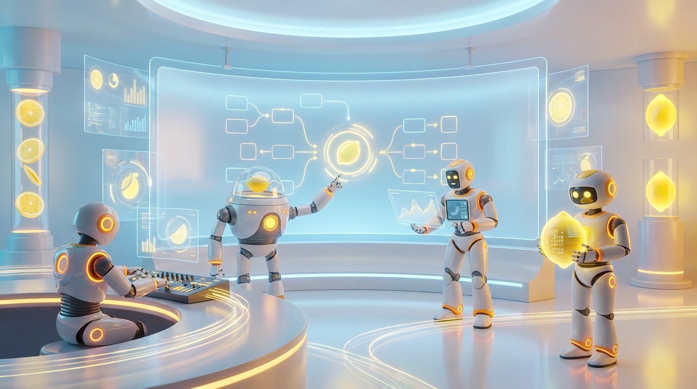 Team of friendly AI robots collaborating in a bright, modern tech space with citrus accents, exploring when AI understand your company deeply and supports decisions.