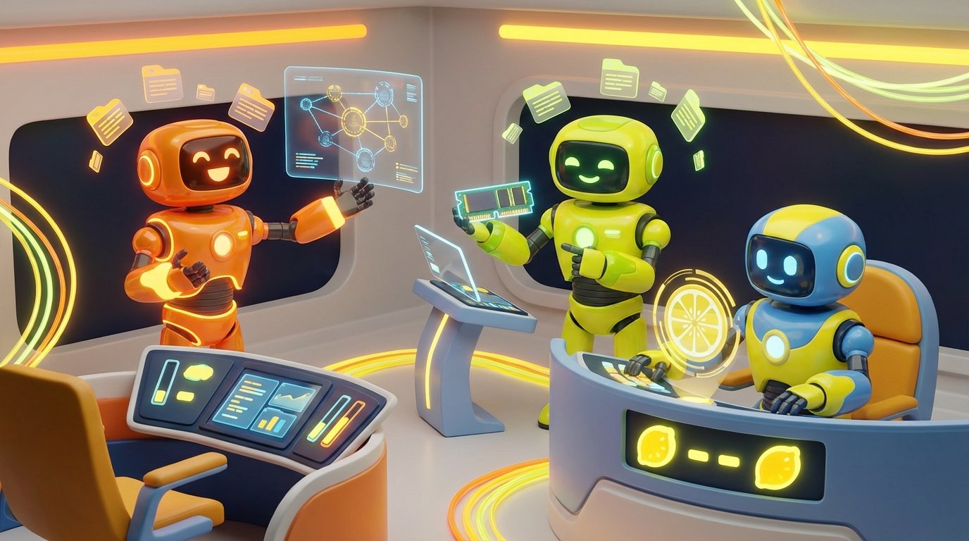 AI Needs Better Memory illustrated by friendly 3D robots collaborating in a vibrant citrus-lit tech studio, refining intelligent systems together.