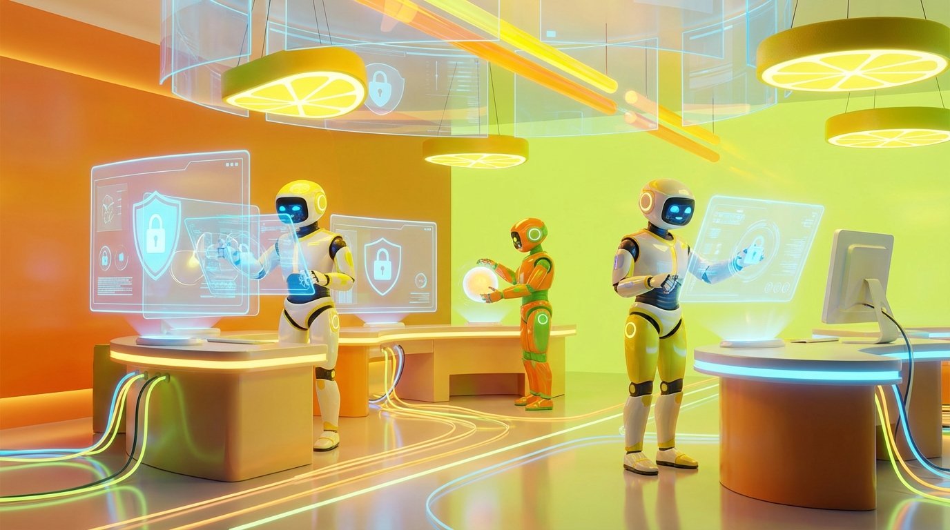 Collaborative 3D robots in a vibrant, citrus-accented tech lab visualizing AI Security for Why AI Security Will Define the Winners.