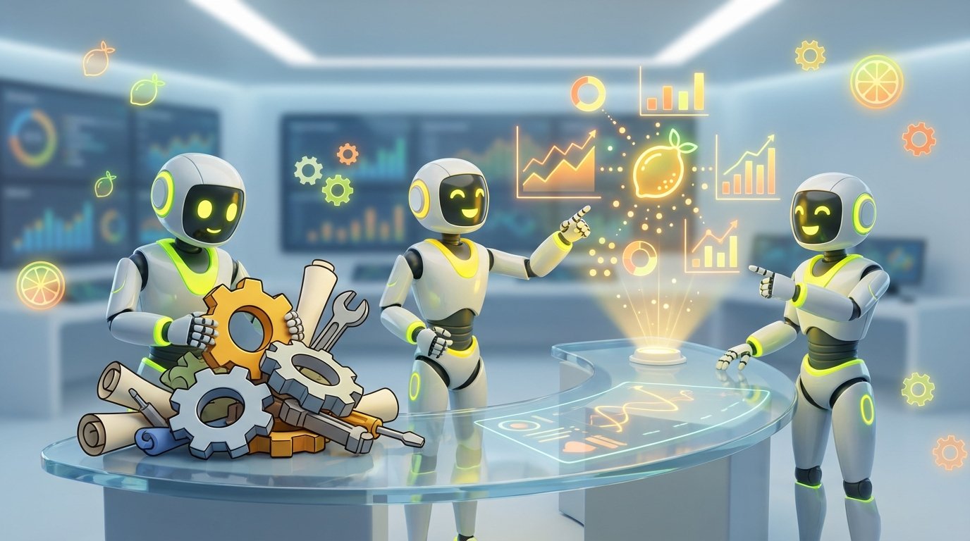 Team of friendly AI robots collaborating in a bright, modern tech space with citrus accents, illustrating why businesses still work manually and how AI helps improve efficiency.