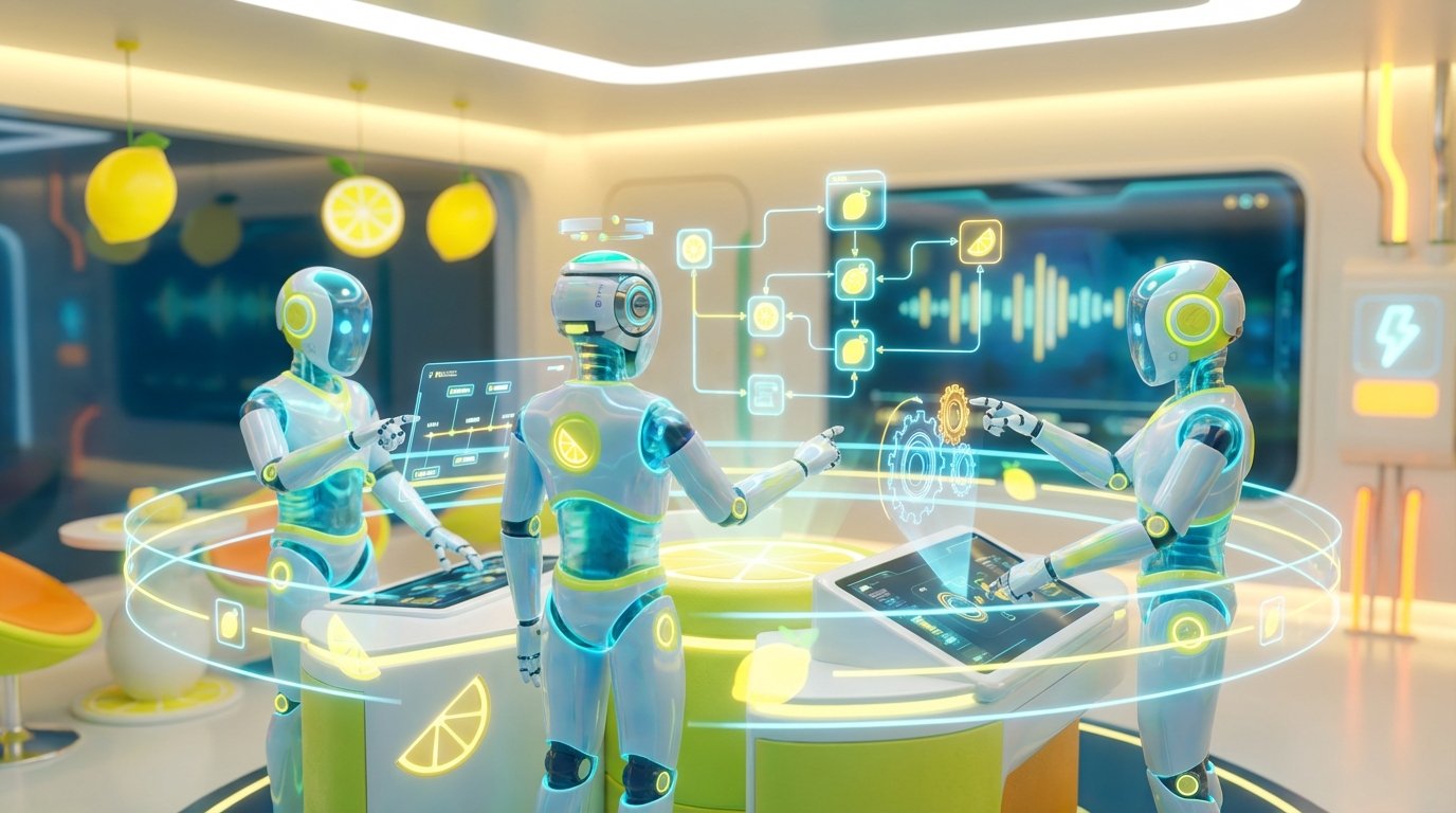 Team of friendly AI robots collaborating in a bright, modern tech space with citrus accents, showing how an AI agent replace workflow upgrades through automation.