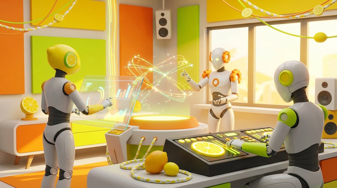 Learning AI Skills illustrated by friendly 3D robots collaborating in a vibrant citrus-lit tech studio, driving innovation, focus, and future-ready teamwork.