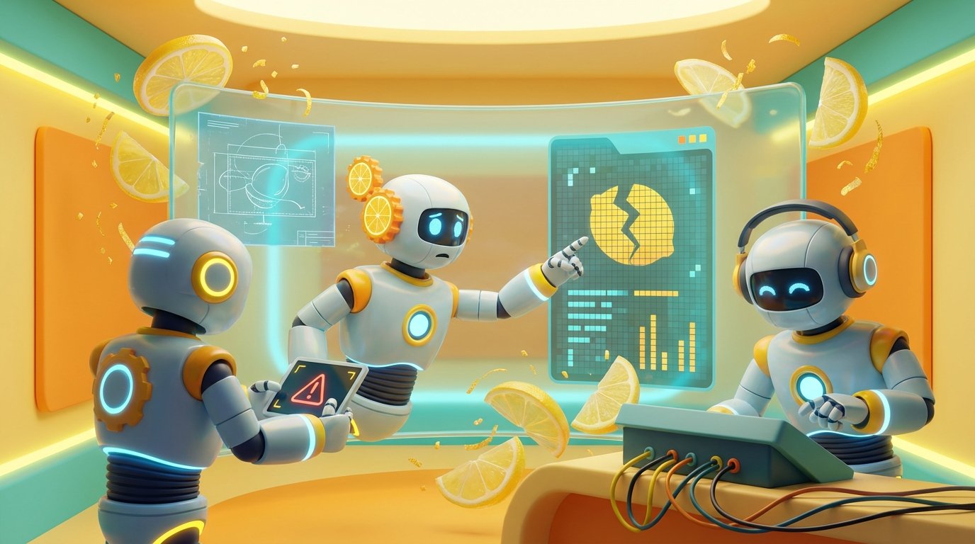 A 3D robot team working in a citrus-accented room visualizes the technical depth of Why Local AI Agents Can Break Easily?