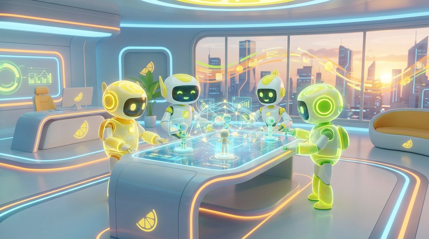 Agent stack visualised as friendly 3D robots collaborating in a vibrant citrus-lit tech studio, building layered AI systems with innovation and teamwork.