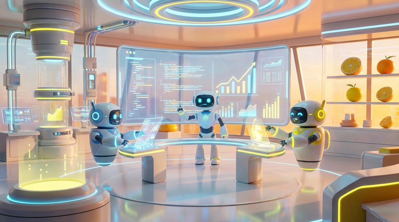 Dynamic group of 3D androids in a sunny modern workspace illustrating an AI System for Why Your Company Needs an AI System to Scale Fast.